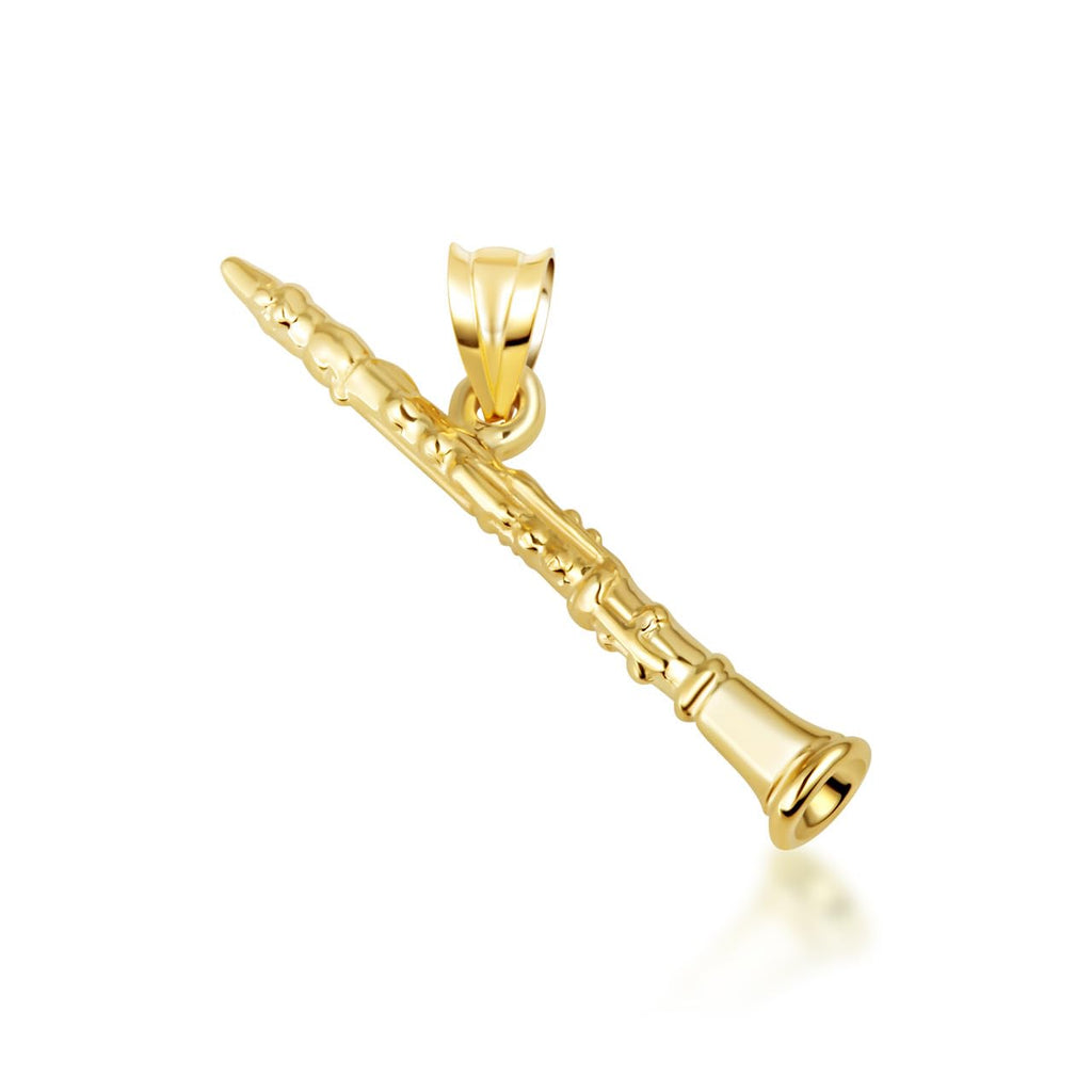 Gold Three Dimensional Clarinet Woodwind Music Charm Pendant Necklace | 10K or 14K Yellow, Rose, or White Gold | Choice of Pendant Only or Chain Length