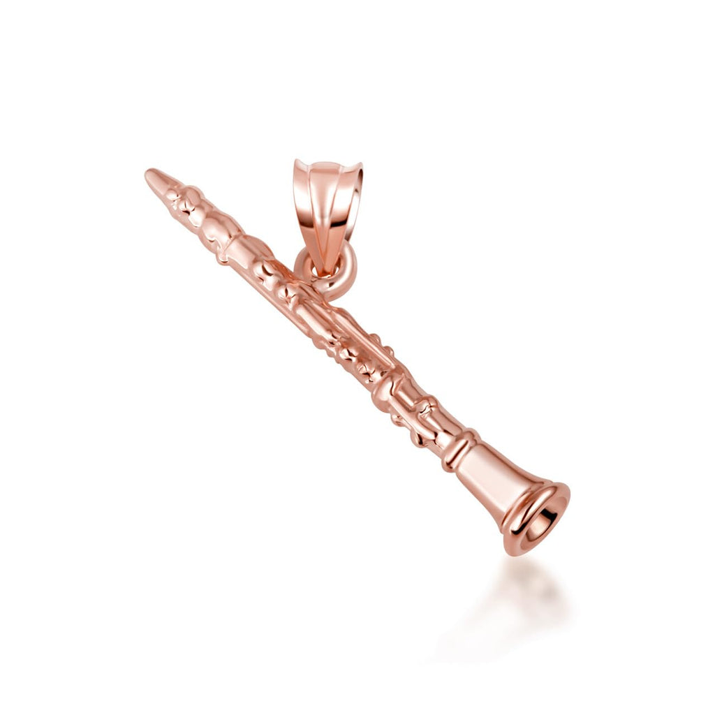 Gold Three Dimensional Clarinet Woodwind Music Charm Pendant Necklace | 10K or 14K Yellow, Rose, or White Gold | Choice of Pendant Only or Chain Length
