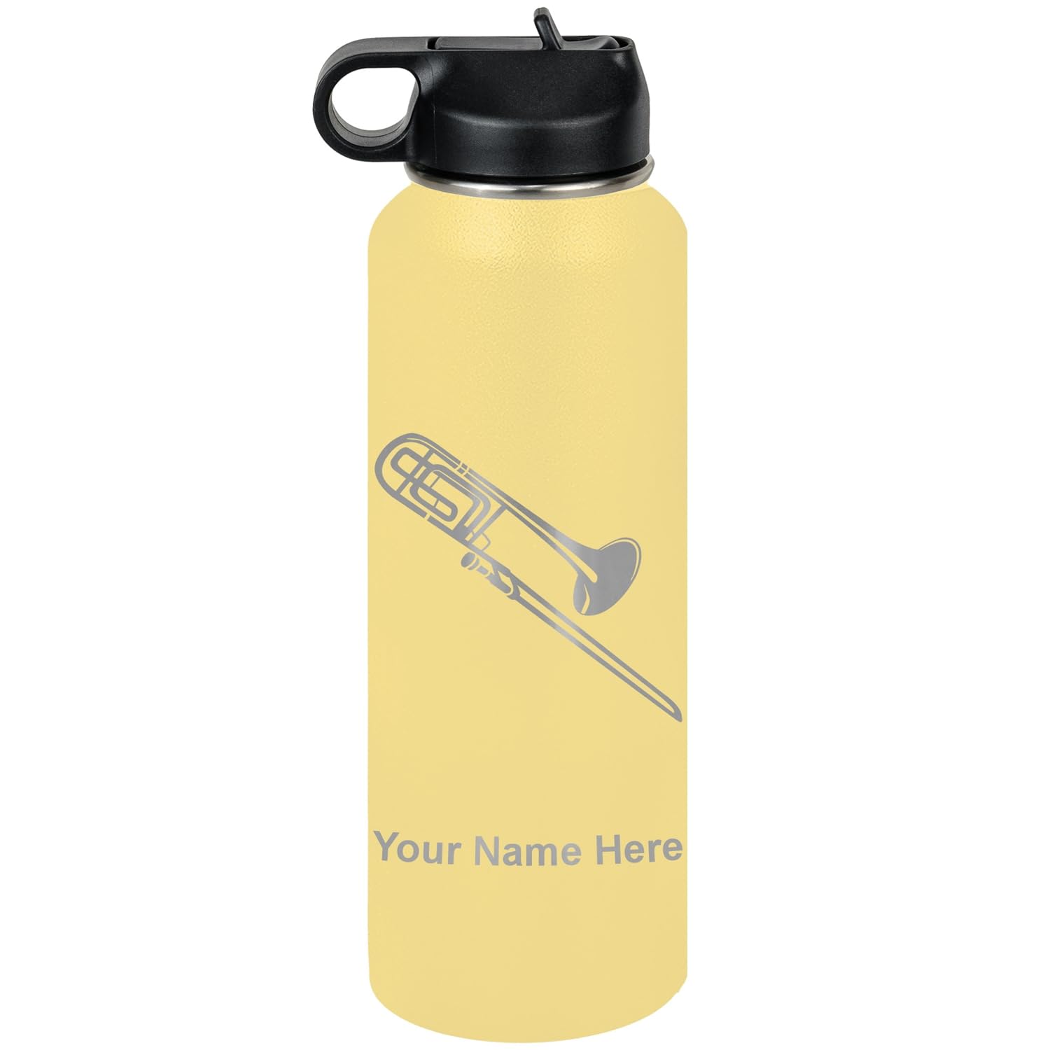 LaserGram Personalized Water Bottle, Trombone, Stainless Steel Double Wall Vacuum Insulated with Flip Top Straw, Custom Engraved Gift (32oz / 950ml Lavender)
