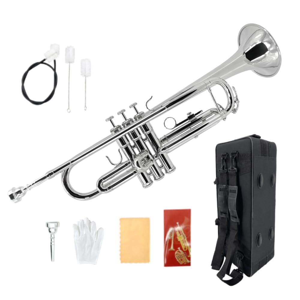Bb Trumpet for Beginners – Standard B Flat Brass Instrument with 7C Mouthpiece, Hard Case & Cleaning Kit, Student Trumpet for Band Practice, Lessons & Gift (Golden)