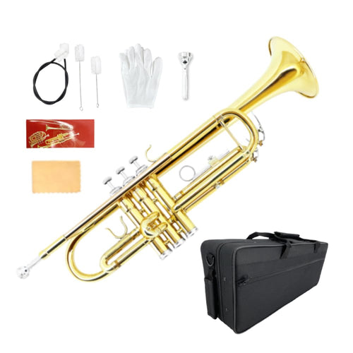 Bb Trumpet for Beginners – Standard B Flat Brass Instrument with 7C Mouthpiece, Hard Case & Cleaning Kit, Student Trumpet for Band Practice, Lessons & Gift (Golden)