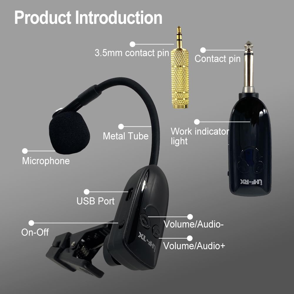 UHF Wireless Clip-on Saxophone Microphone System | 164ft Range Instrument Mic with Plug-and-Play Transmitter & Receiver for Sax, Trumpet, Trombone, French Horn