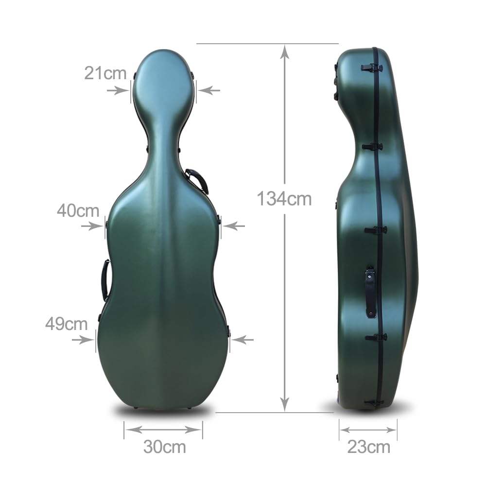 Vetimobato Carbon Fiber Cello Case for 4/4 Full Size Hard Shell with Wheels, Built-in Handle, Backpack Straps, Bow Holders Cello Accessories Box Strong & Ultralight (Dark Green)