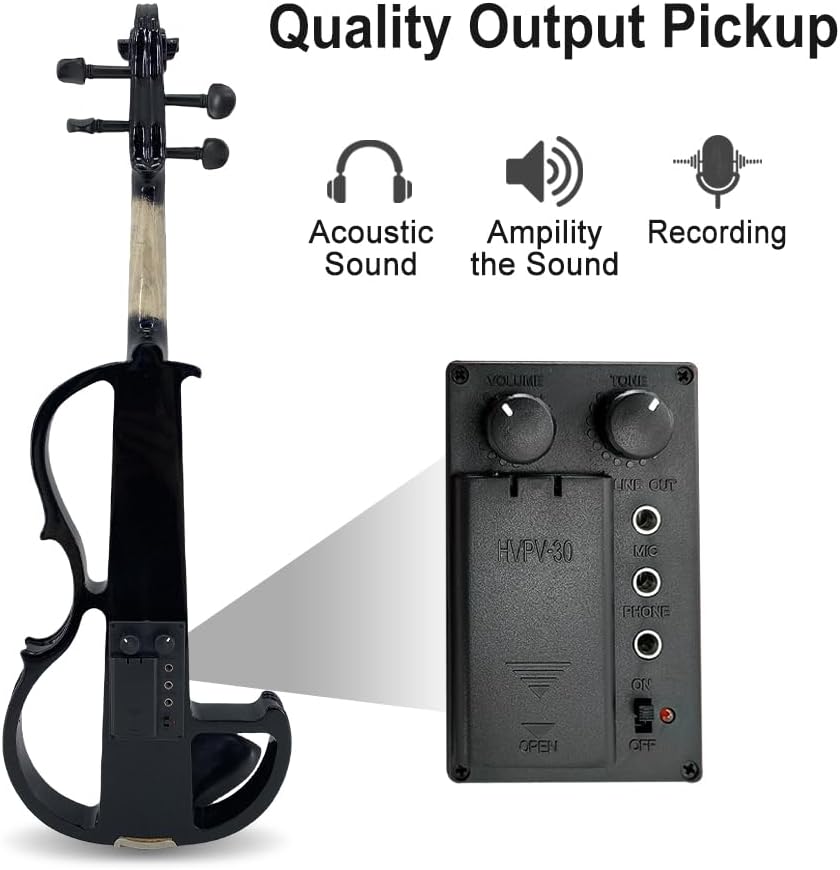 Vetimobato Electric Violin 4/4 Full Size Solid Wood Silent Violin Set for Adults Beginner Practice Electric Fiddle with Ebony Fittings Hard Case & Bow(4 String Black)