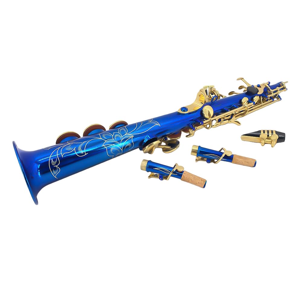 Bb Straight Soprano Saxophone Gold Lacquer Brass with Exquisite Carving and Shell Keys Full Set Includes Hard Case Mouthpiece Reeds Gloves for Students