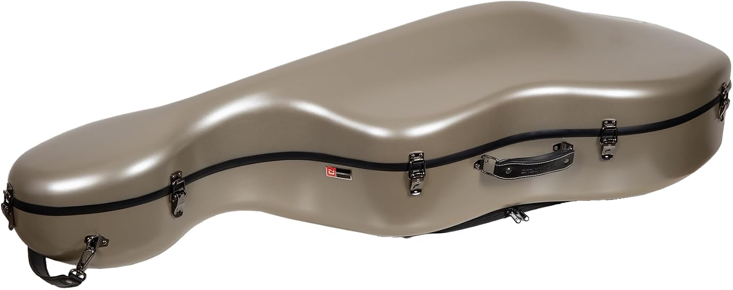 Crossrock Poly Carbon Cello Case for 4/4 Full Size | Champagne Matte Finish, Black Velvet Interior, Wheels, Music Pouch – Lightweight Protection Series