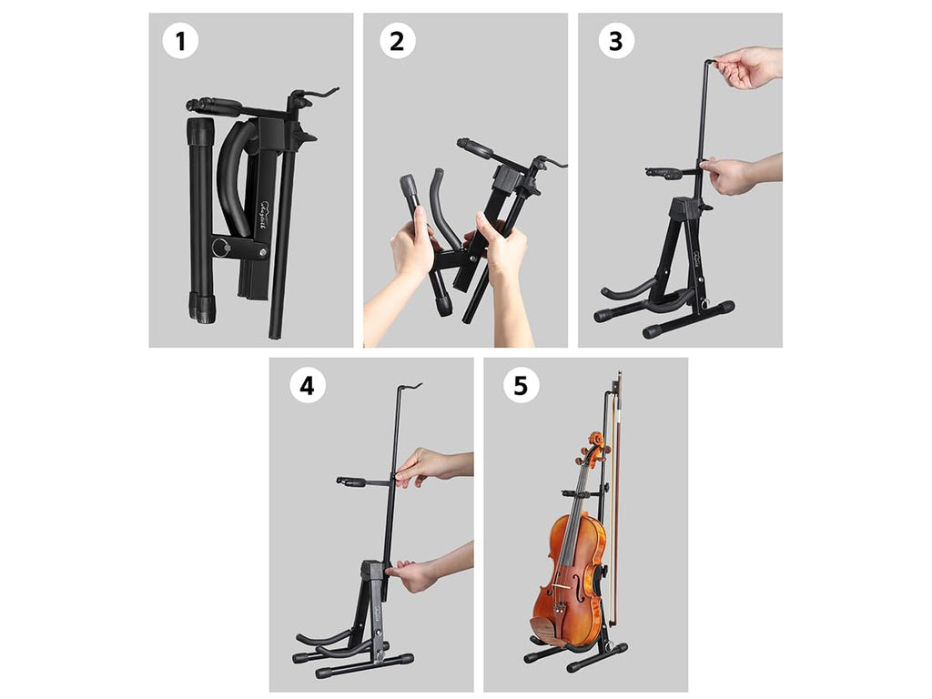 New Upgraded Anti-Tipping Design in Violin Stand with Bow Holder. Adjustable height, non-slip base, and protective head lock. Foldable and portable design for violins, violas, mandolins, and ukuleles.Gray Lockable