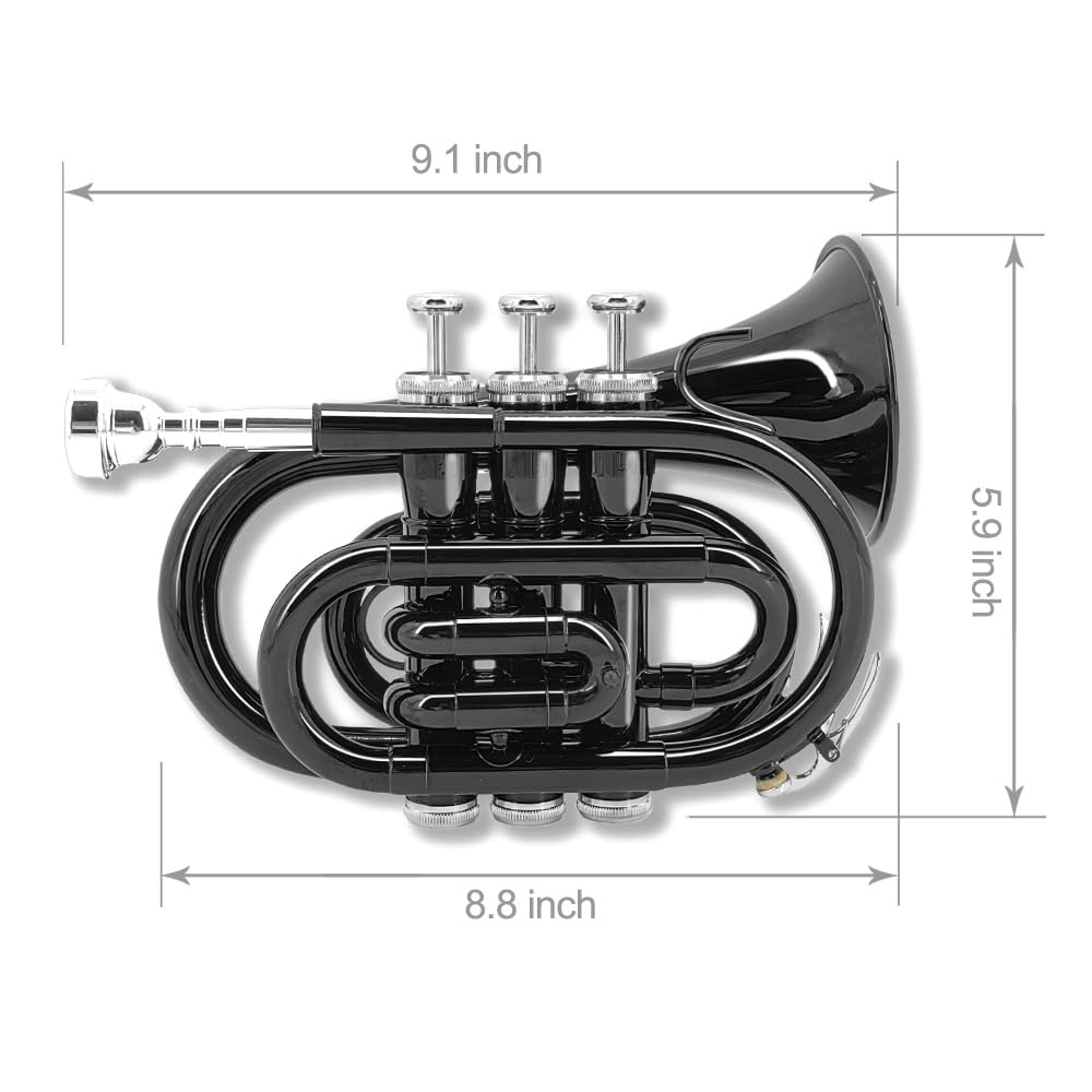 Pocket Trumpet Bb Flat Brass Trumpet for Beginner Student with 7C Mouthpiece Carrying Hard Case Cleaning Cloth Gloves