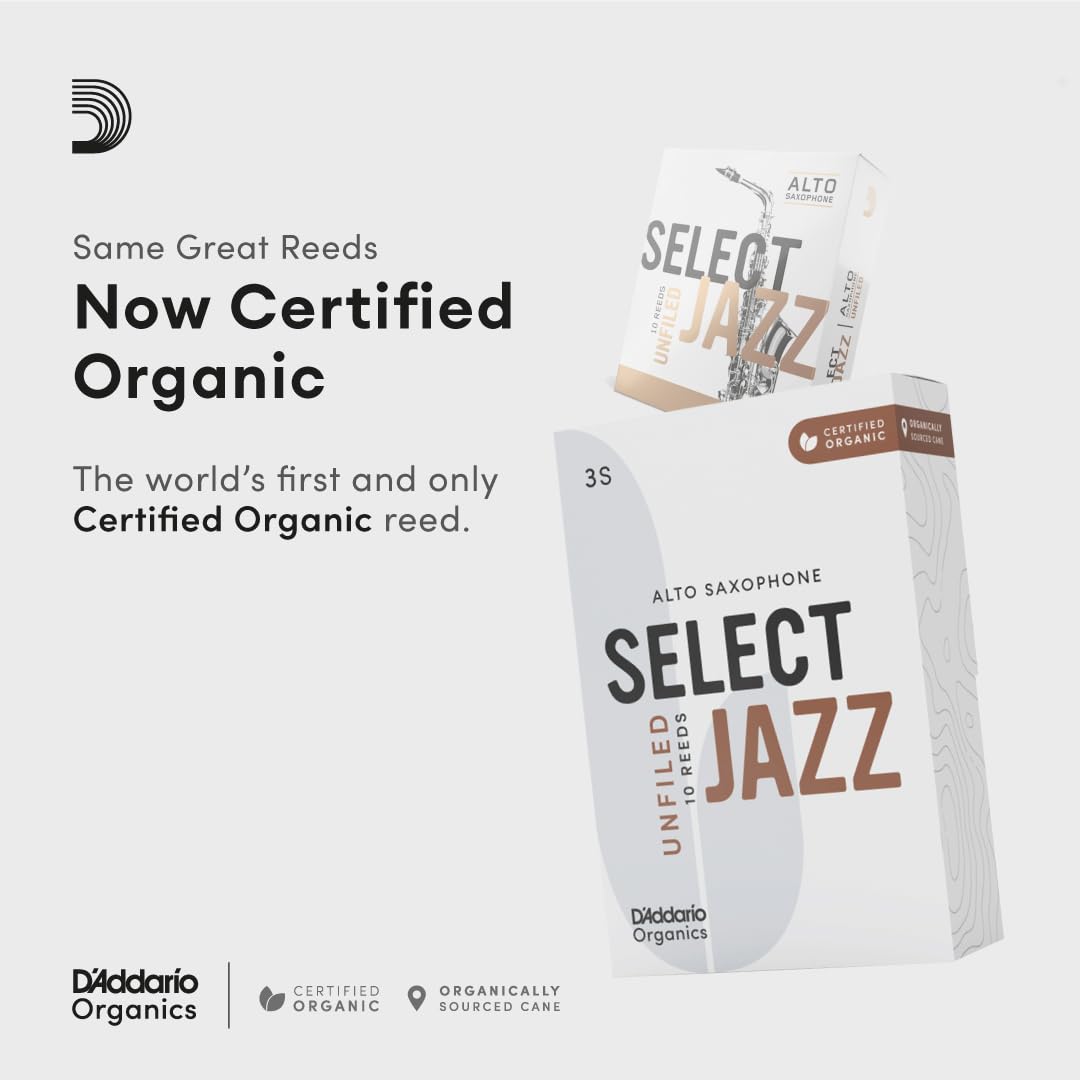 D'Addario Organic Select Jazz Unfiled Alto Saxophone Reeds - Sax Reeds - Individually Sealed - 4 Soft, 10 Pack