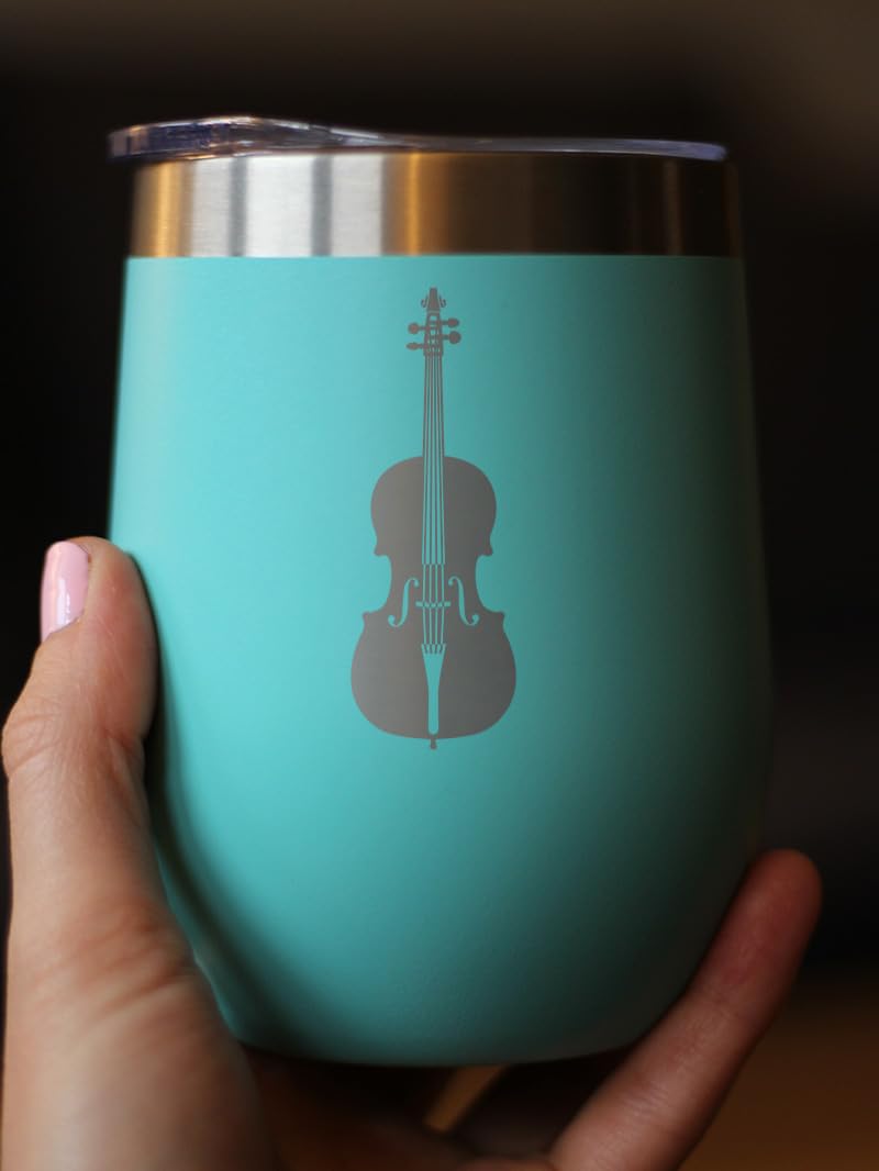 Bevvee Cello - Wine Tumbler Cup with Sliding Lid - Stainless Steel Insulated Mug - Orchestra Gifts for Cellists - Teal