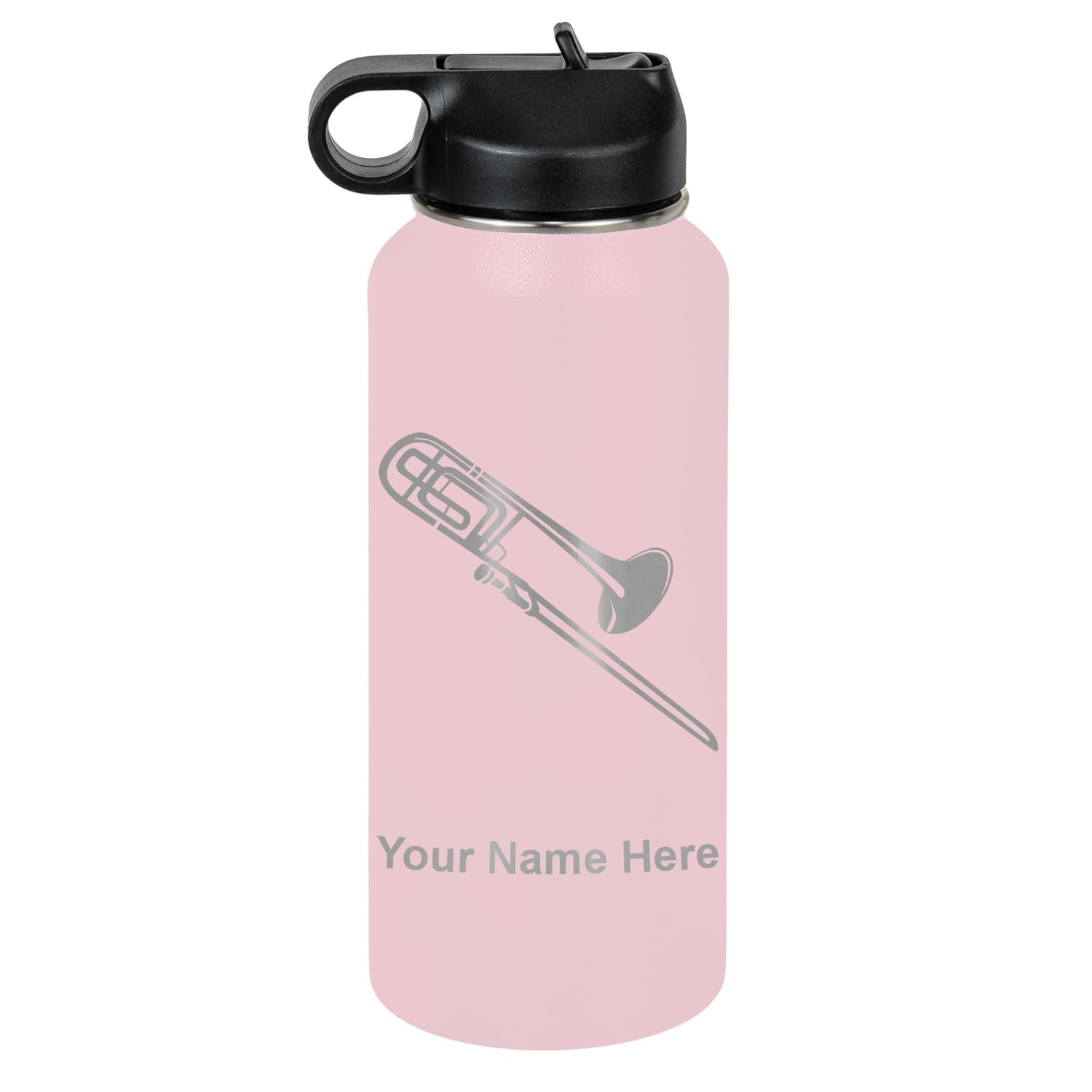 LaserGram Personalized Water Bottle, Trombone, Stainless Steel Double Wall Vacuum Insulated with Flip Top Straw, Custom Engraved Gift (32oz / 950ml Lavender)