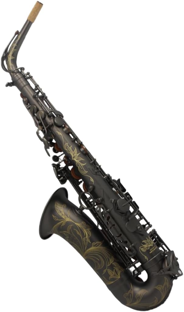 Eastern Music matt black alto saxopone with flower engravings.