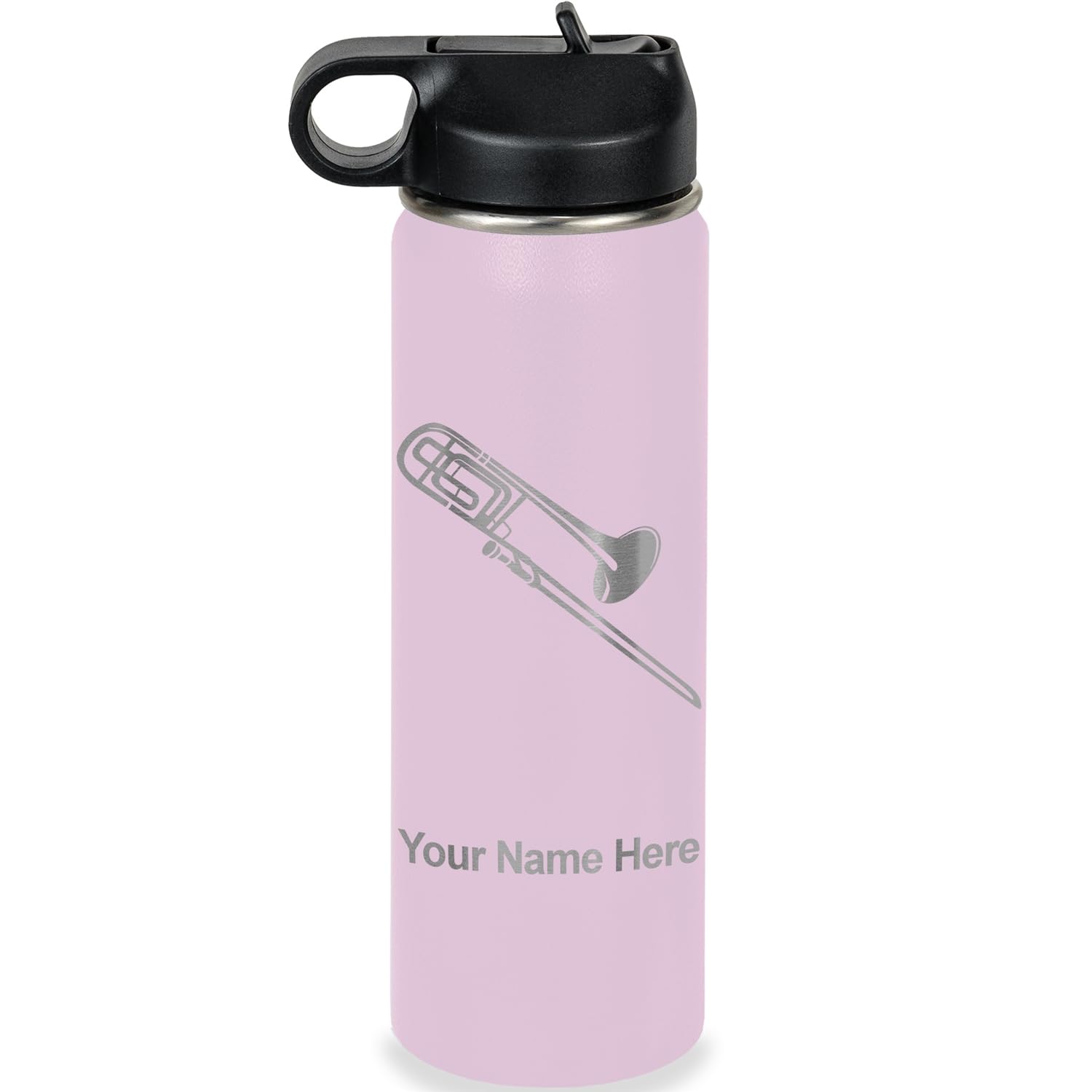 LaserGram Personalized Water Bottle, Trombone, Stainless Steel Double Wall Vacuum Insulated with Flip Top Straw, Custom Engraved Gift (32oz / 950ml Lavender)