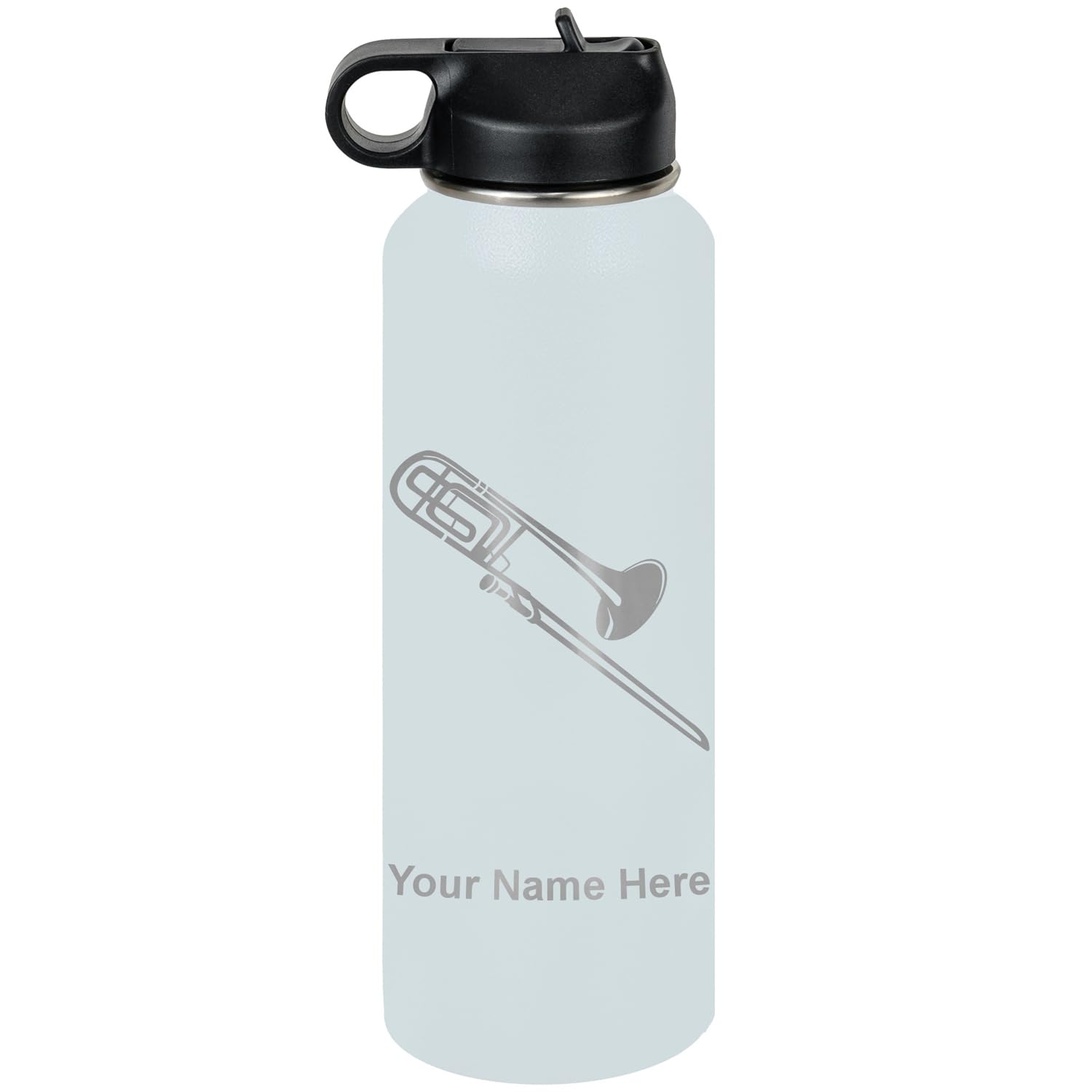 LaserGram Personalized Water Bottle, Trombone, Stainless Steel Double Wall Vacuum Insulated with Flip Top Straw, Custom Engraved Gift (32oz / 950ml Lavender)