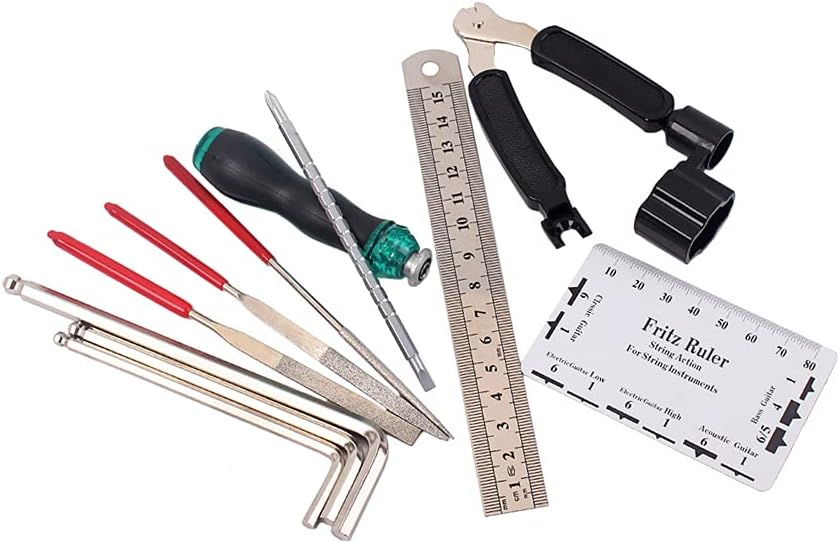 Alnicov Eletric Guitar Repair Maintenance Tool Kits，Includes String Organizer String Action Ruler Gauge Measuring Tool Hex Wrench Set File for，Guitar Ukulele Bass Mandolin Banjo