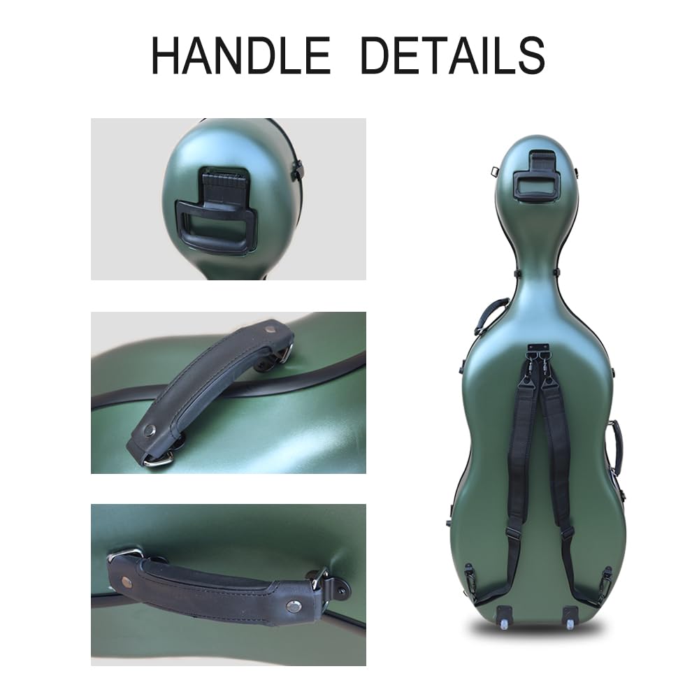 Vetimobato Carbon Fiber Cello Case for 4/4 Full Size Hard Shell with Wheels, Built-in Handle, Backpack Straps, Bow Holders Cello Accessories Box Strong & Ultralight (Dark Green)