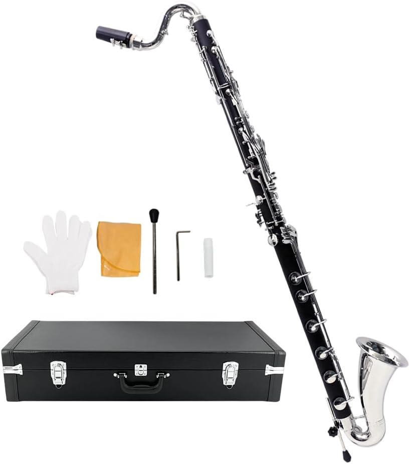 Yinfente ABS Bass Clarinet Kits for beginners Low C Bb Flat Clarinete Professional Silver Plated Keys Hard Case,Cleaning Kits,Gloves And Cork Grease