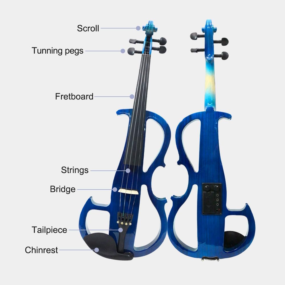 Vetimobato 16 Inch Silent Electric Viola Set- Solidwood Body with Ebony Fittings Metallic Coating Full Viola Set for Beginner Practice Professional Performance and Studio Recording (Blue, 4 String)