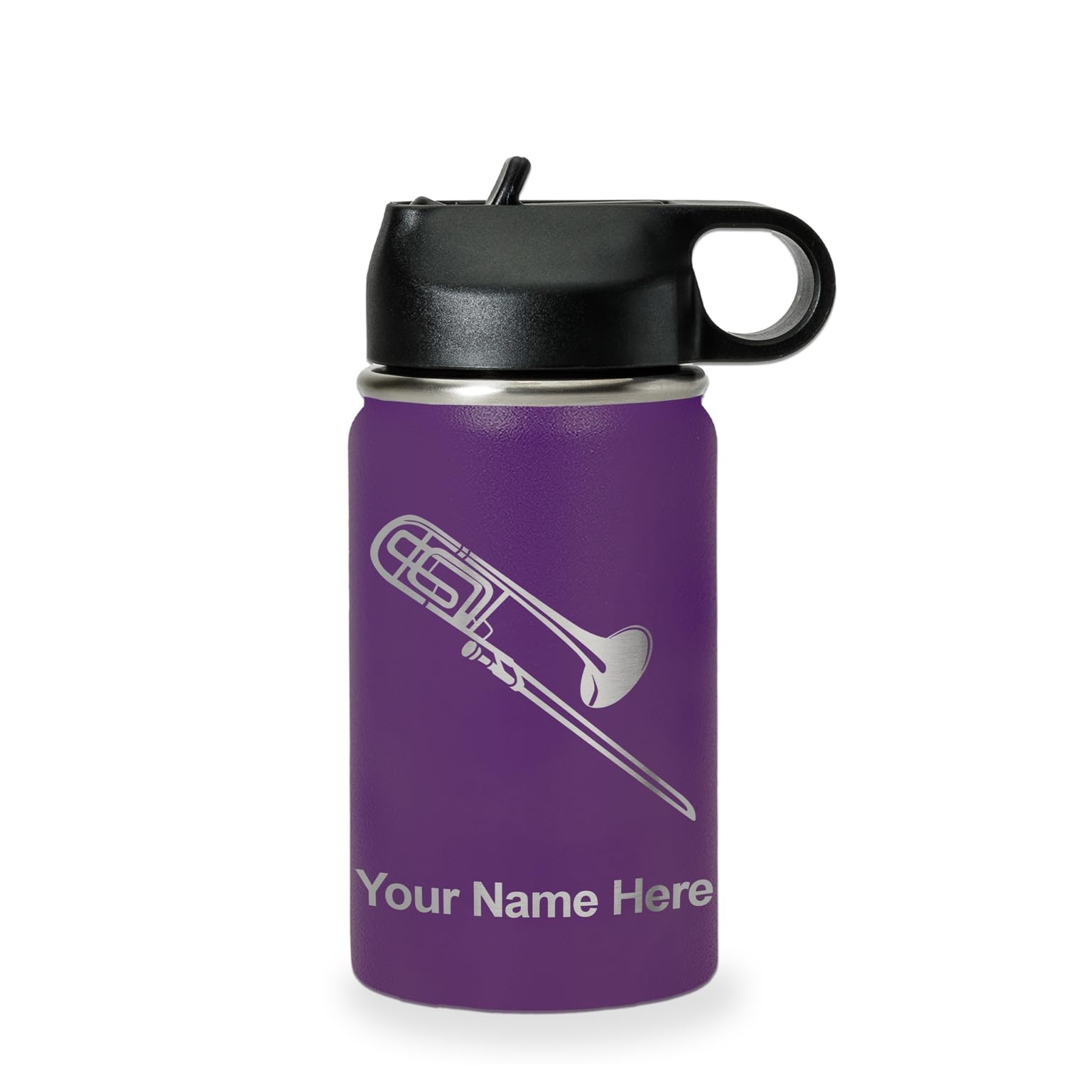 LaserGram Personalized Water Bottle, Trombone, Stainless Steel Double Wall Vacuum Insulated with Flip Top Straw, Custom Engraved Gift (32oz / 950ml Lavender)