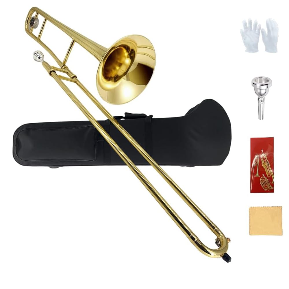 Bb Tenor Slide Trombone – B Flat Brass Trombone with Gold Lacquer Finish- Includes Hard Case, Mouthpiece & Cleaning Kit – Fit for Musicians and Beginners（12.7 mm & 205 mm）