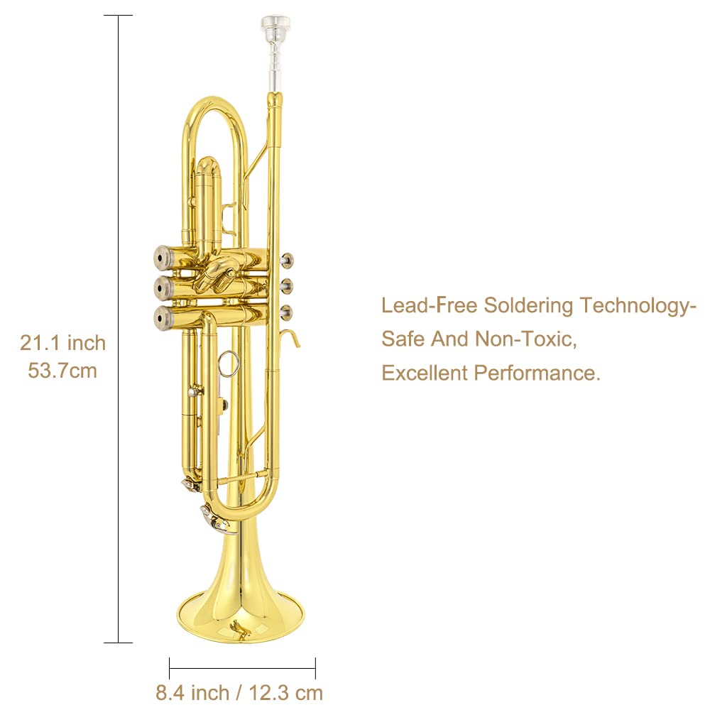 Trumpet Instrument,Band & Orchestra Musical Instruments for Beginners,With trumpets case,Mouthpiece,Cloth and Gloves (Golden)