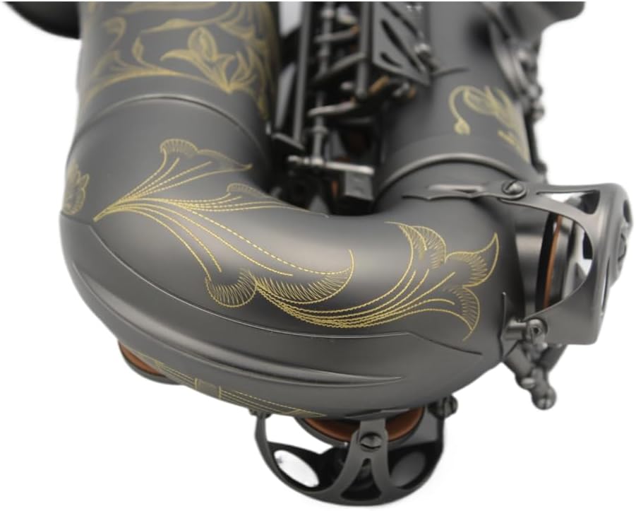 Eastern Music matt black alto saxopone with flower engravings.