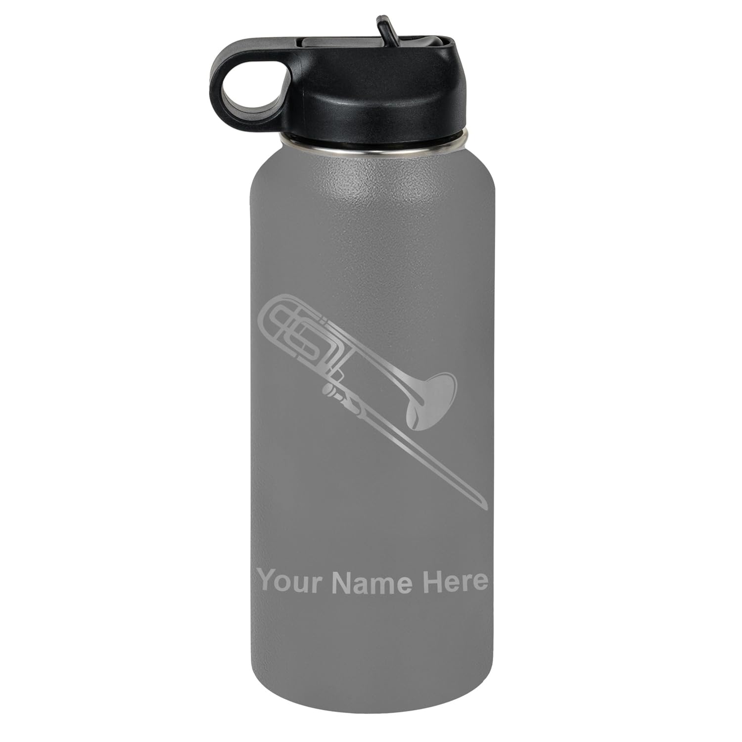 LaserGram Personalized Water Bottle, Trombone, Stainless Steel Double Wall Vacuum Insulated with Flip Top Straw, Custom Engraved Gift (32oz / 950ml Lavender)