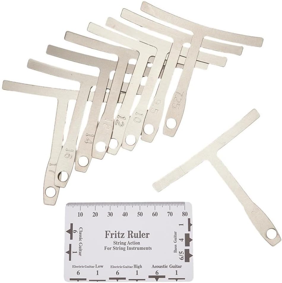 Guitar Radius Gauge Set 9-Piece Stainless Steel Fretboard Curvature Ruler with String Height Action Tool for Luthier Repair Silver