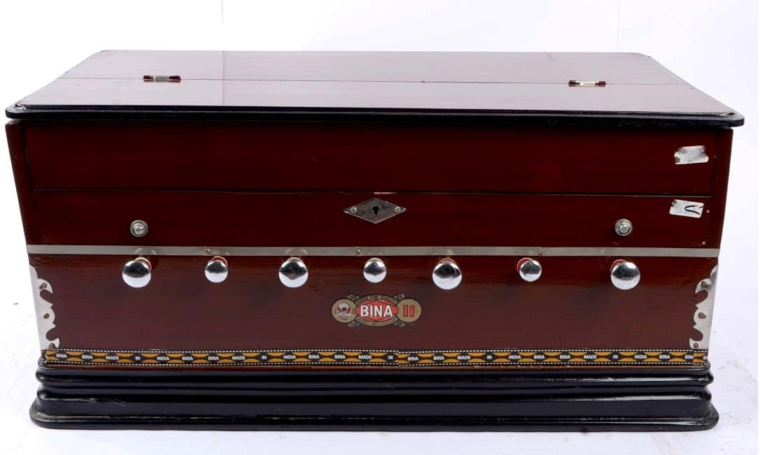Harmonium BINA no. 11,Indian Harmonium, 2024 Edition,3 1/4 octaves, 7 stops, 3 extra notes, Checked & Retuned by Aakrati Musicals, Mahagony Color, Kirtan, Indian Keyboard,