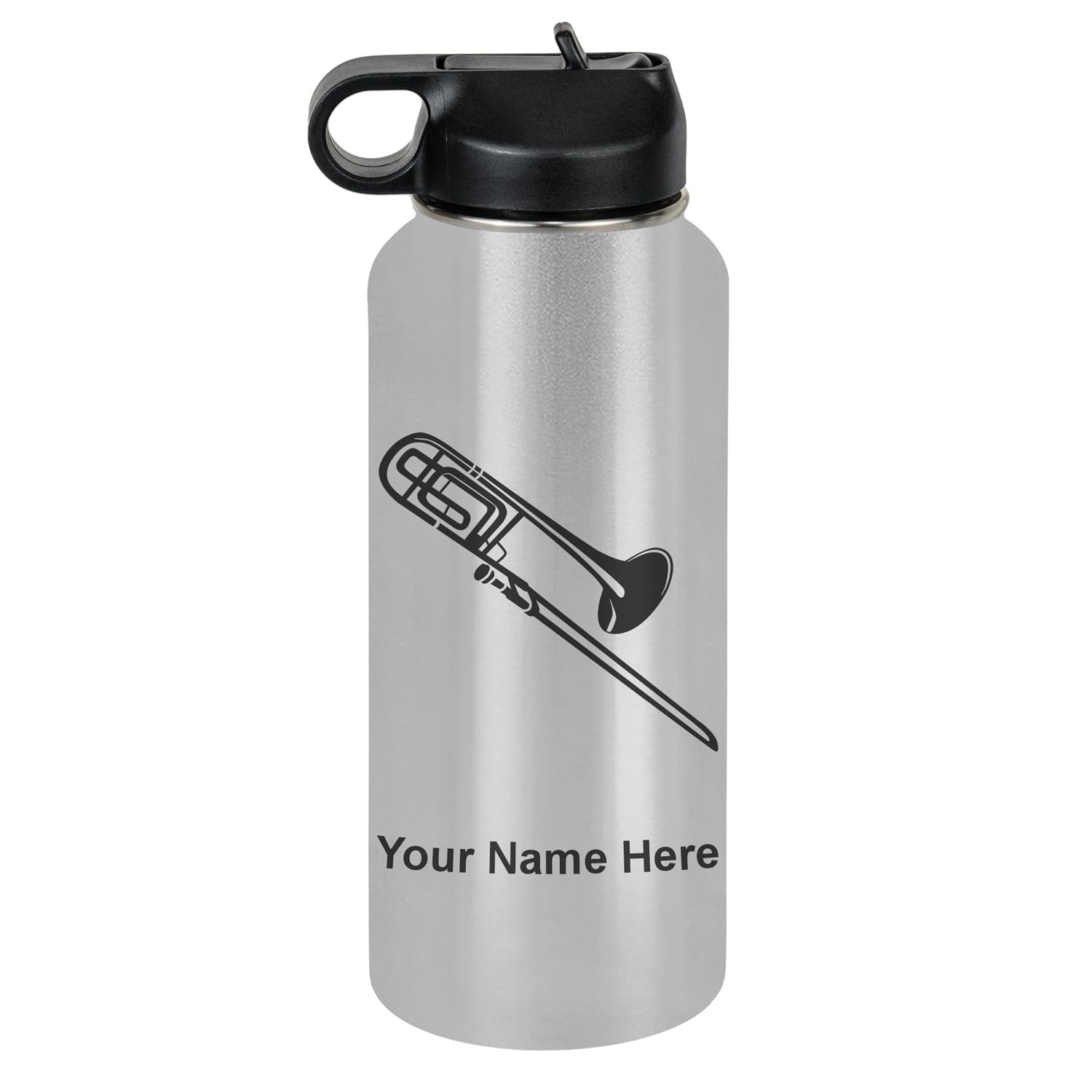 LaserGram Personalized Water Bottle, Trombone, Stainless Steel Double Wall Vacuum Insulated with Flip Top Straw, Custom Engraved Gift (32oz / 950ml Lavender)