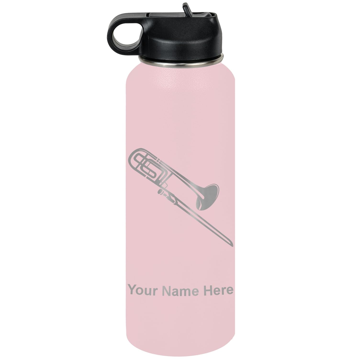 LaserGram Personalized Water Bottle, Trombone, Stainless Steel Double Wall Vacuum Insulated with Flip Top Straw, Custom Engraved Gift (32oz / 950ml Lavender)