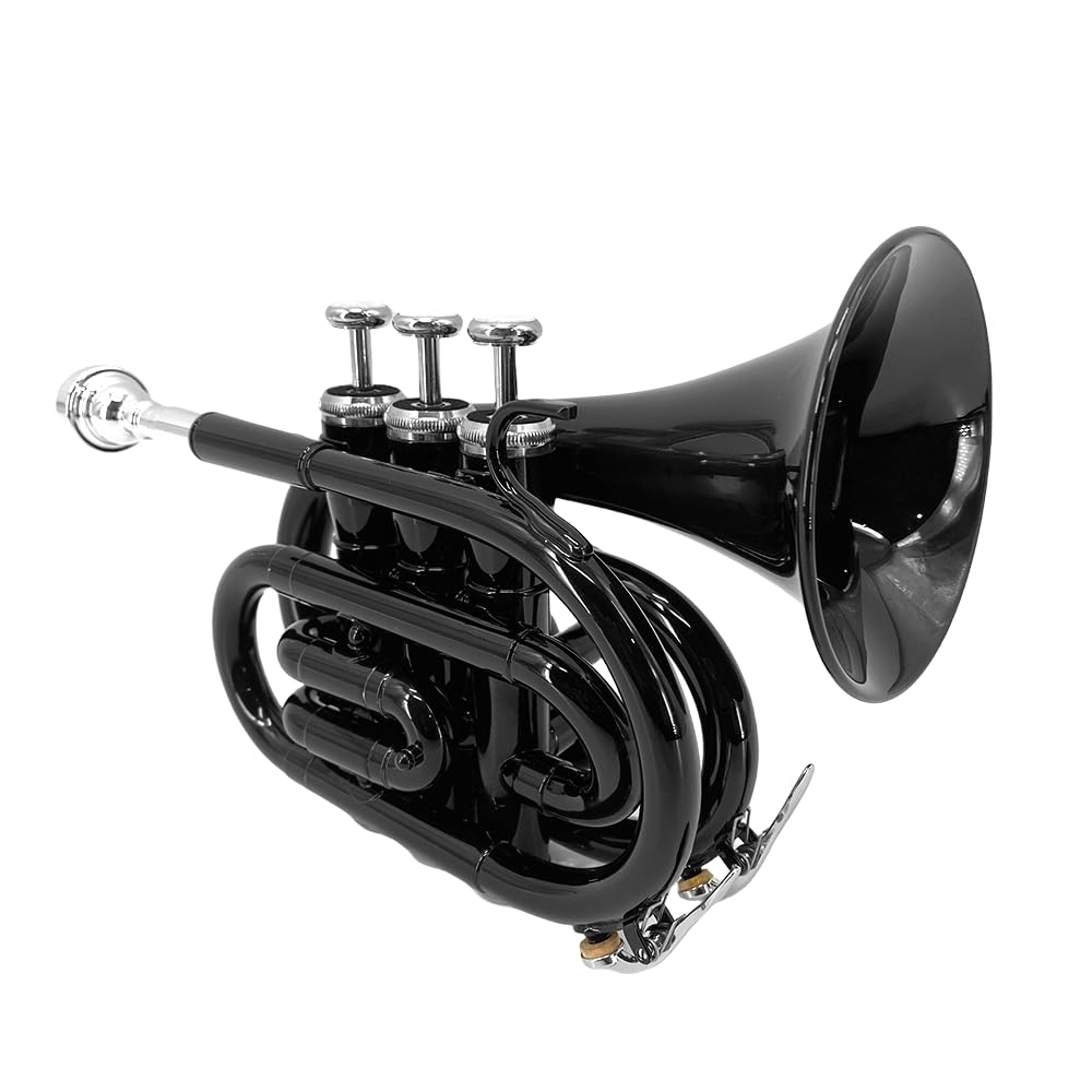 Bb Pocket Trumpet - Brass Pocket Trumpet B Flat Nickel Plated, 7C Mouthpiece, Complete Beginner Kit - Includes Hard Carrying Case, Cleaning Kit, Gloves, golden