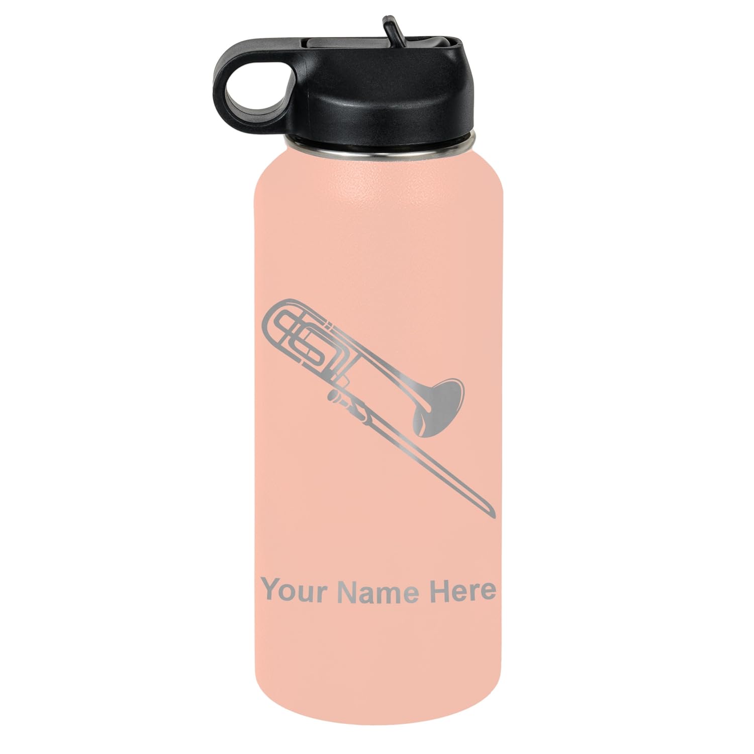 LaserGram Personalized Water Bottle, Trombone, Stainless Steel Double Wall Vacuum Insulated with Flip Top Straw, Custom Engraved Gift (32oz / 950ml Lavender)