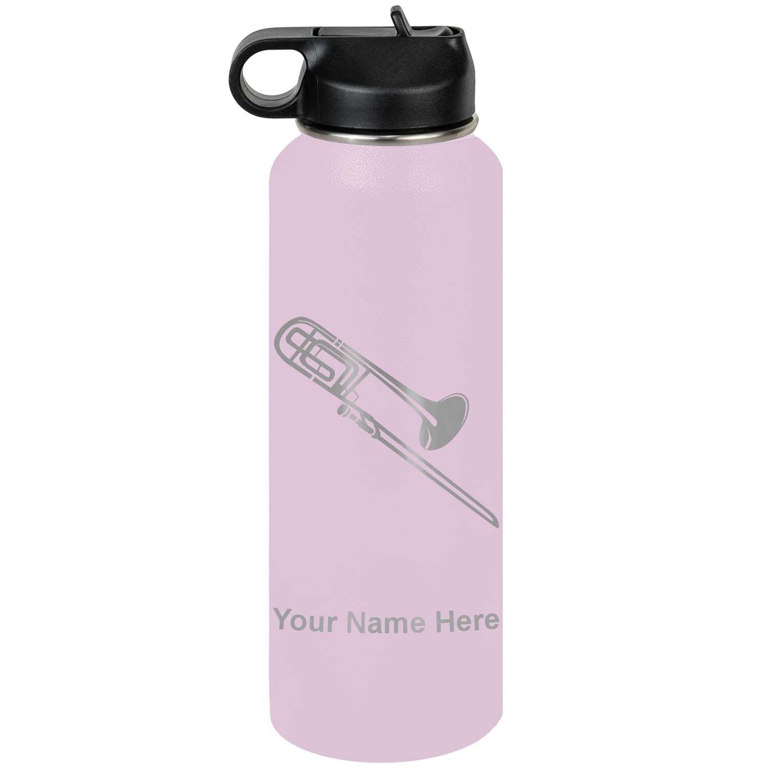 LaserGram Personalized Water Bottle, Trombone, Stainless Steel Double Wall Vacuum Insulated with Flip Top Straw, Custom Engraved Gift (32oz / 950ml Lavender)