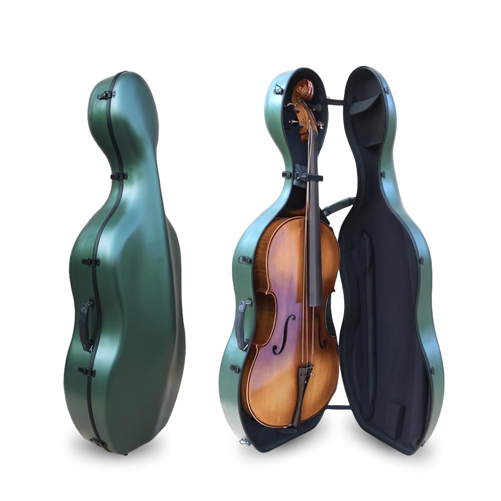 Vetimobato Carbon Fiber Cello Case for 4/4 Full Size Hard Shell with Wheels, Built-in Handle, Backpack Straps, Bow Holders Cello Accessories Box Strong & Ultralight (Dark Green)