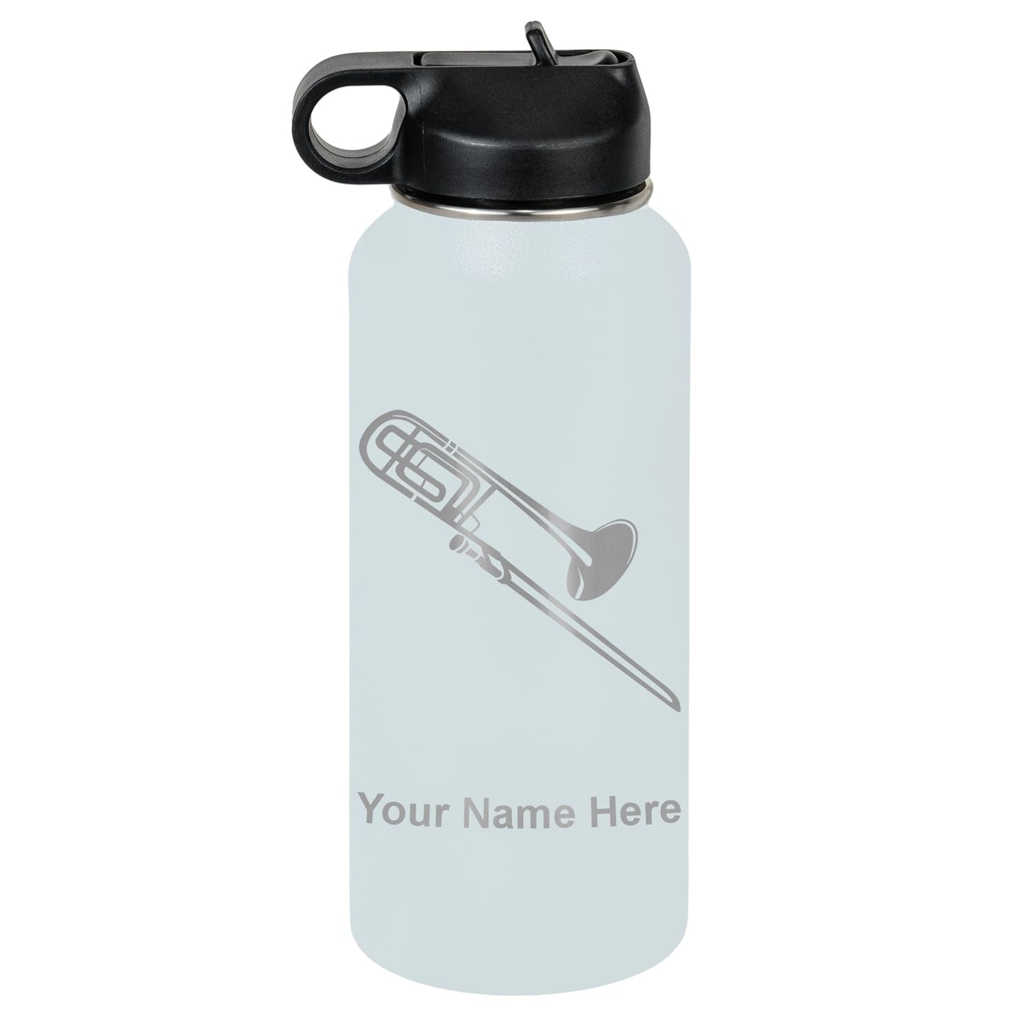 LaserGram Personalized Water Bottle, Trombone, Stainless Steel Double Wall Vacuum Insulated with Flip Top Straw, Custom Engraved Gift (32oz / 950ml Lavender)