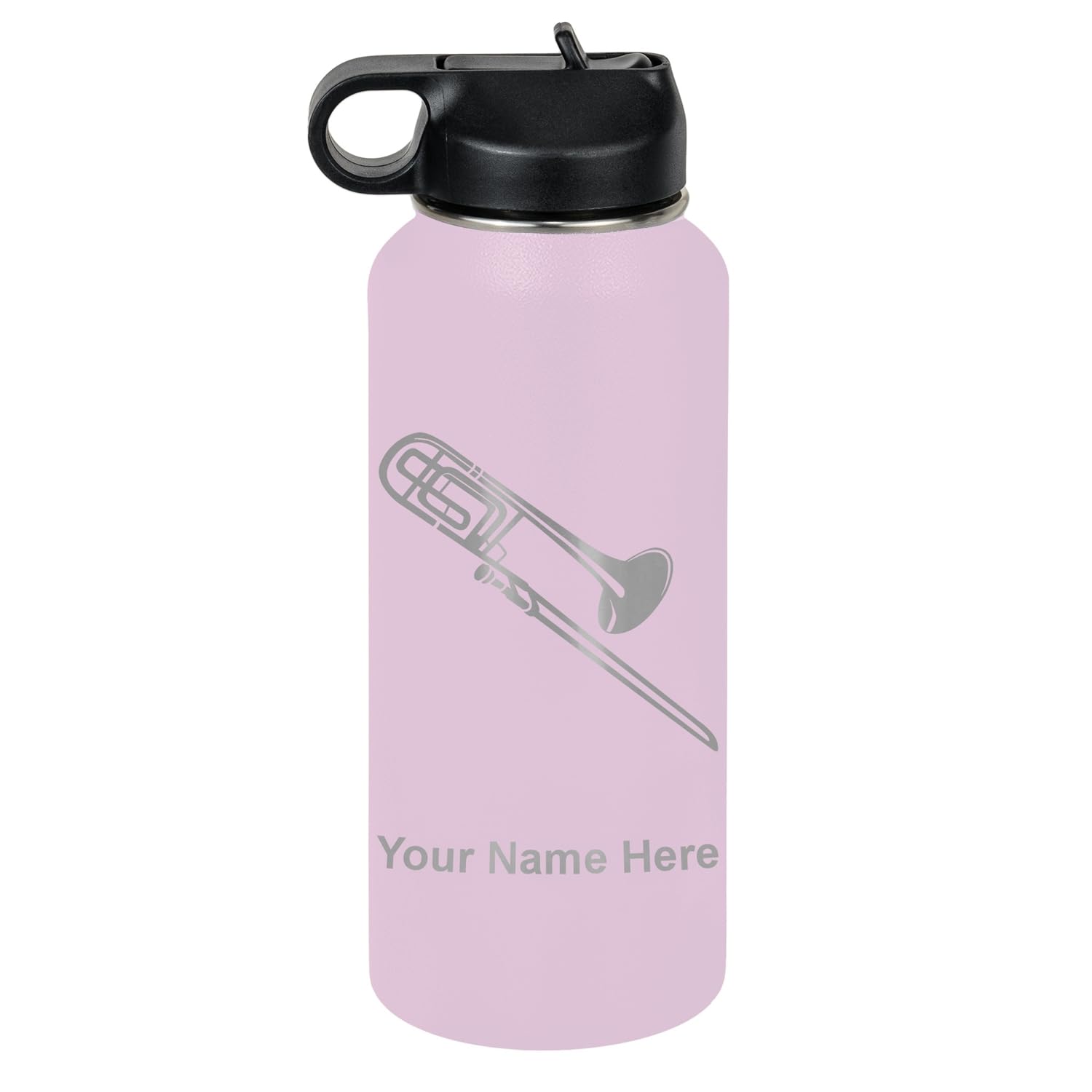 LaserGram Personalized Water Bottle, Trombone, Stainless Steel Double Wall Vacuum Insulated with Flip Top Straw, Custom Engraved Gift (32oz / 950ml Lavender)