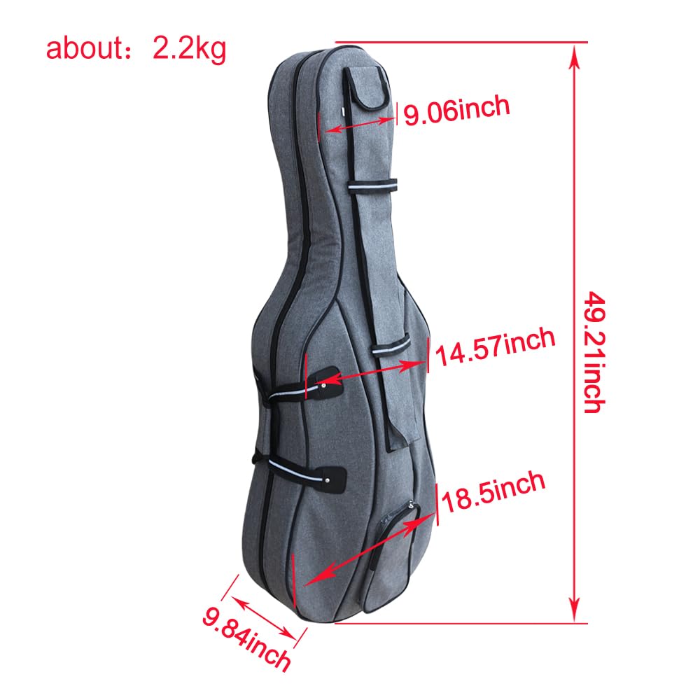 Lightweight 4/4 Cello Case Gig Bag with Padded Backpack Straps,Heavy Duty Waterroof for Classic Electric Cello with Double Handles & Accessory Pockets (gray)