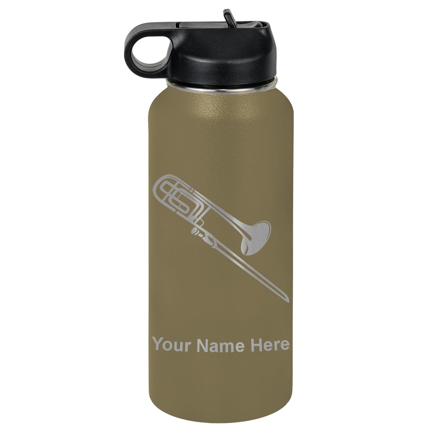 LaserGram Personalized Water Bottle, Trombone, Stainless Steel Double Wall Vacuum Insulated with Flip Top Straw, Custom Engraved Gift (32oz / 950ml Lavender)