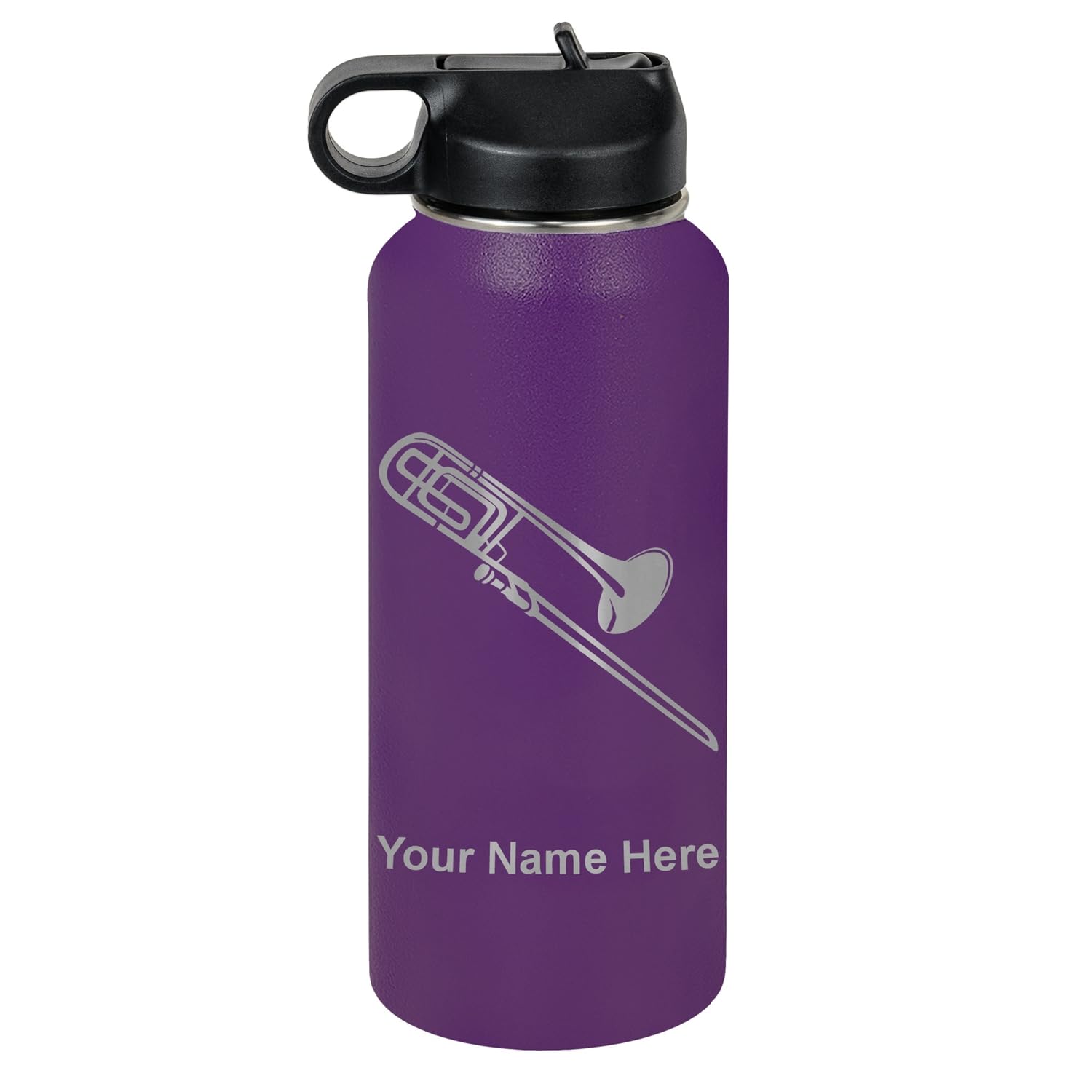 LaserGram Personalized Water Bottle, Trombone, Stainless Steel Double Wall Vacuum Insulated with Flip Top Straw, Custom Engraved Gift (32oz / 950ml Lavender)