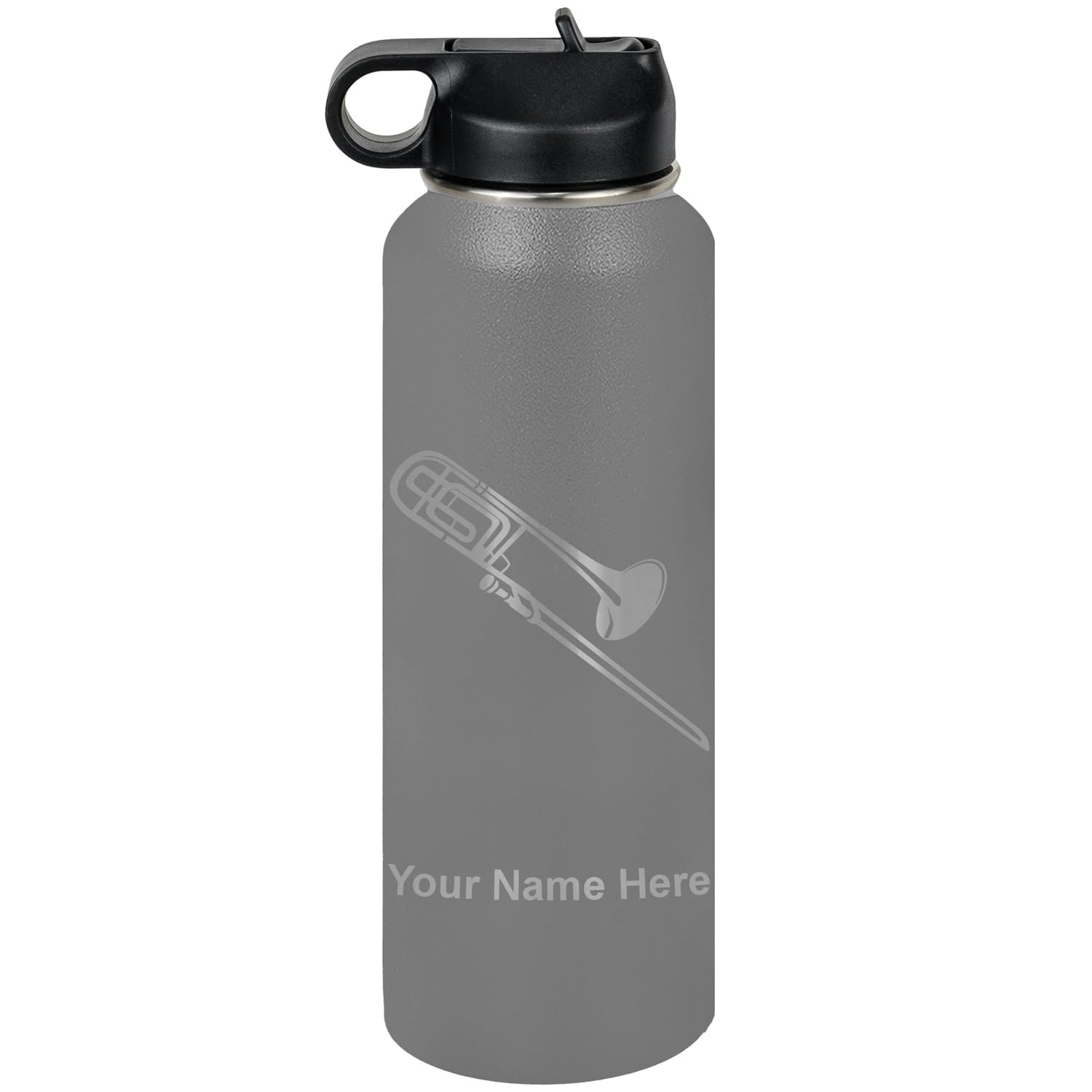 LaserGram Personalized Water Bottle, Trombone, Stainless Steel Double Wall Vacuum Insulated with Flip Top Straw, Custom Engraved Gift (32oz / 950ml Lavender)