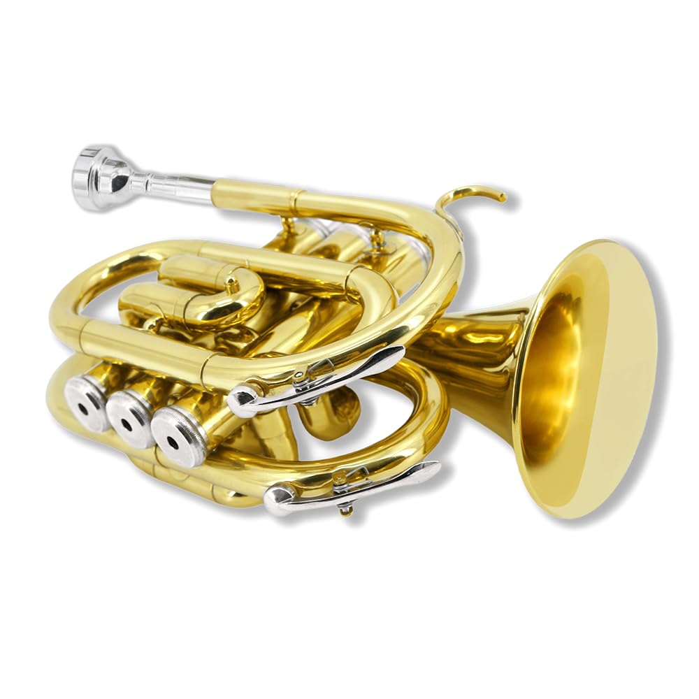 Pocket Trumpet Bb Flat Brass Trumpet for Beginner Student with 7C Mouthpiece Carrying Hard Case Cleaning Cloth Gloves