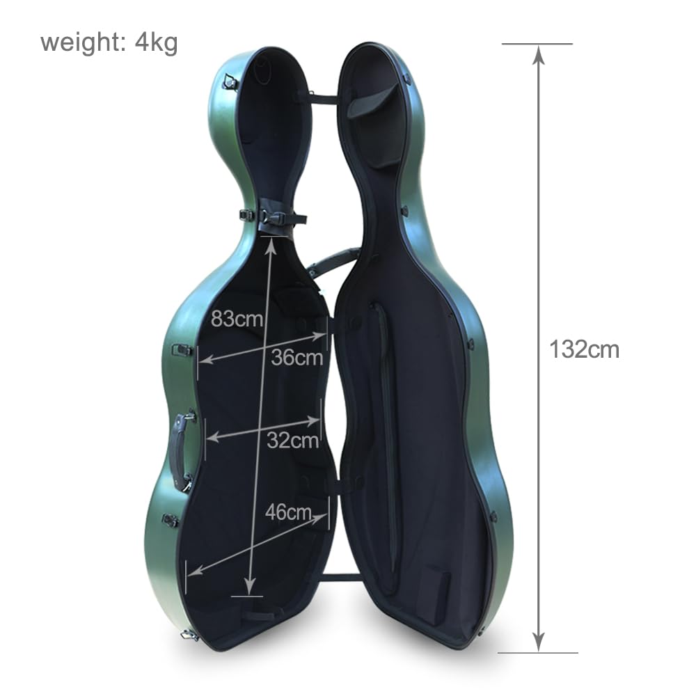 Vetimobato Carbon Fiber Cello Case for 4/4 Full Size Hard Shell with Wheels, Built-in Handle, Backpack Straps, Bow Holders Cello Accessories Box Strong & Ultralight (Dark Green)