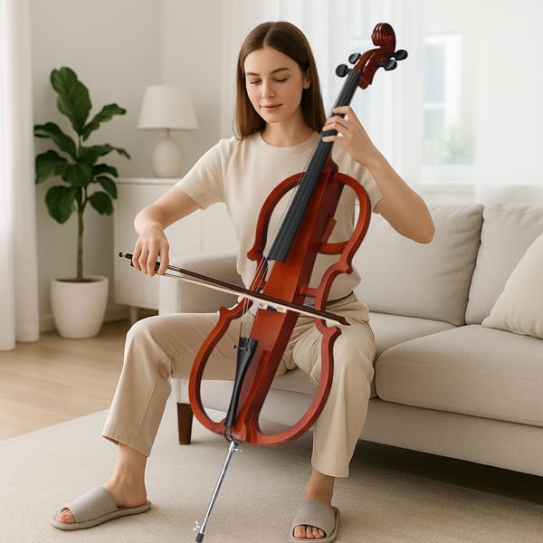 4/4 Full-Size Electric Cello Package for Adults & Beginners, Includes Portable Case, Bow, Rosin, Earphones, and Connection Cable - Natural Finish
