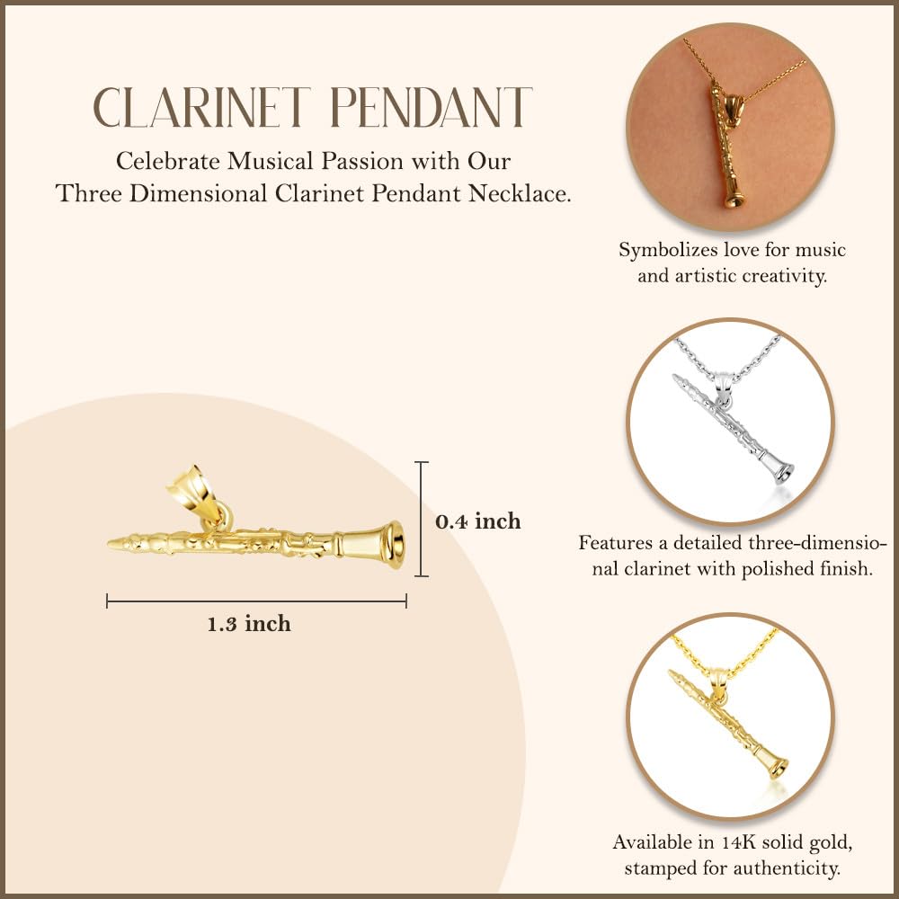 Gold Three Dimensional Clarinet Woodwind Music Charm Pendant Necklace | 10K or 14K Yellow, Rose, or White Gold | Choice of Pendant Only or Chain Length