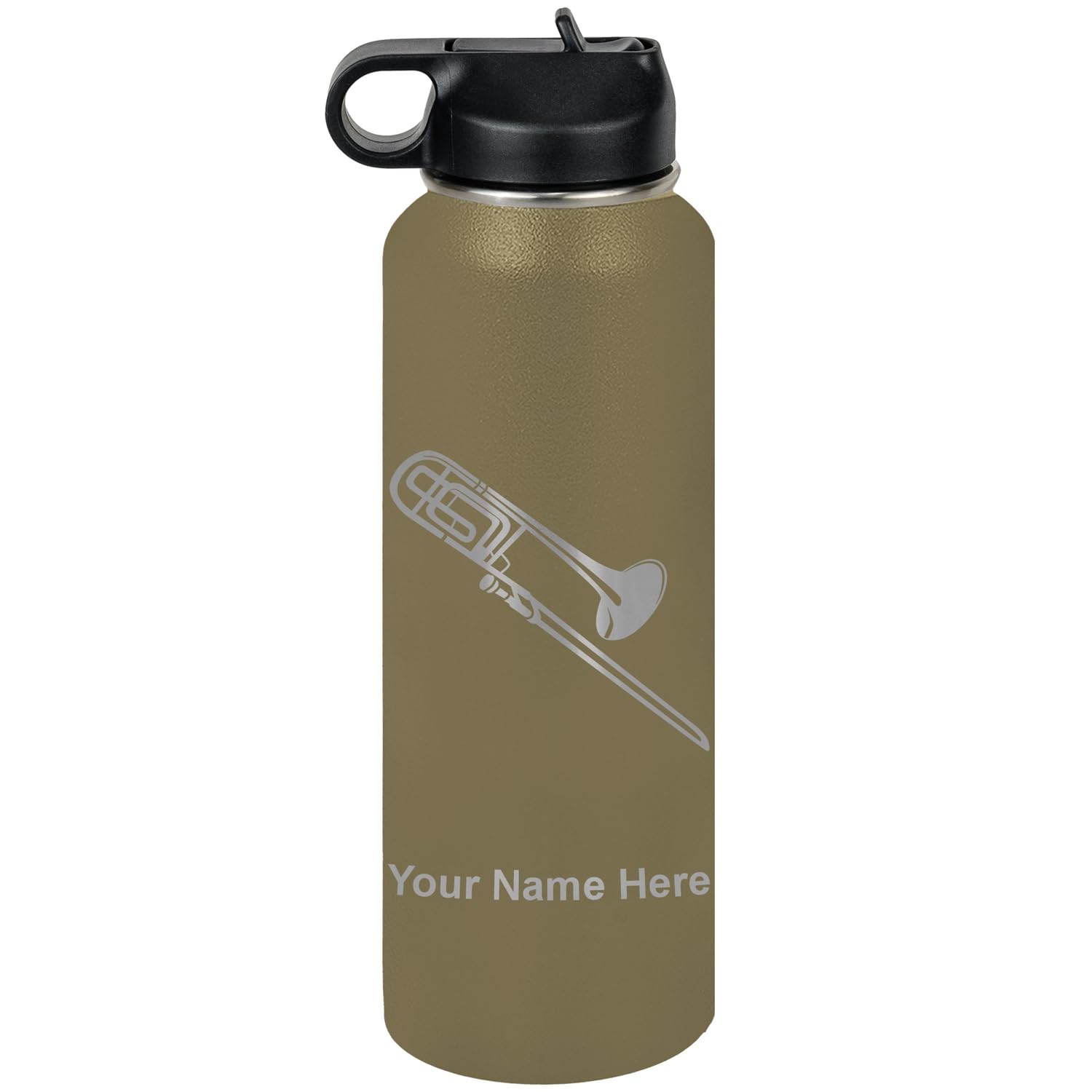 LaserGram Personalized Water Bottle, Trombone, Stainless Steel Double Wall Vacuum Insulated with Flip Top Straw, Custom Engraved Gift (32oz / 950ml Lavender)
