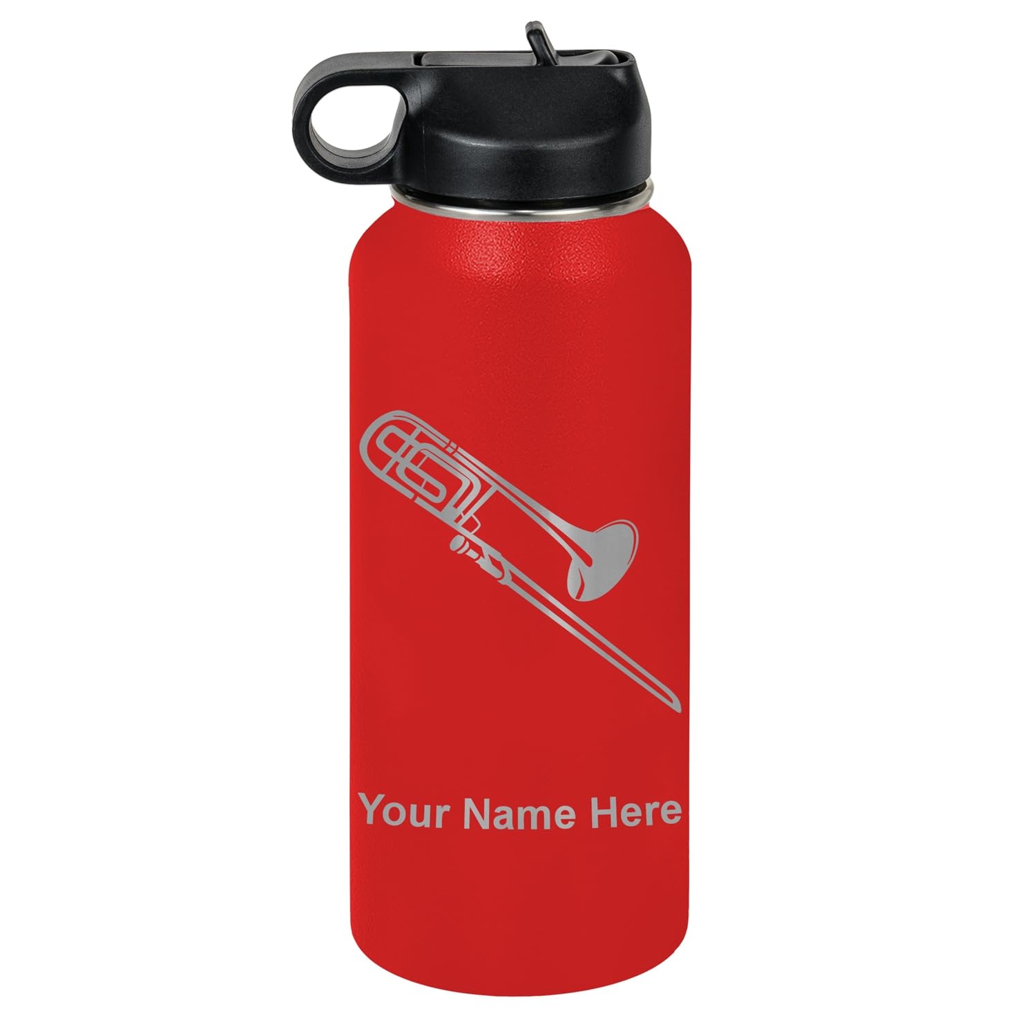 LaserGram Personalized Water Bottle, Trombone, Stainless Steel Double Wall Vacuum Insulated with Flip Top Straw, Custom Engraved Gift (32oz / 950ml Lavender)