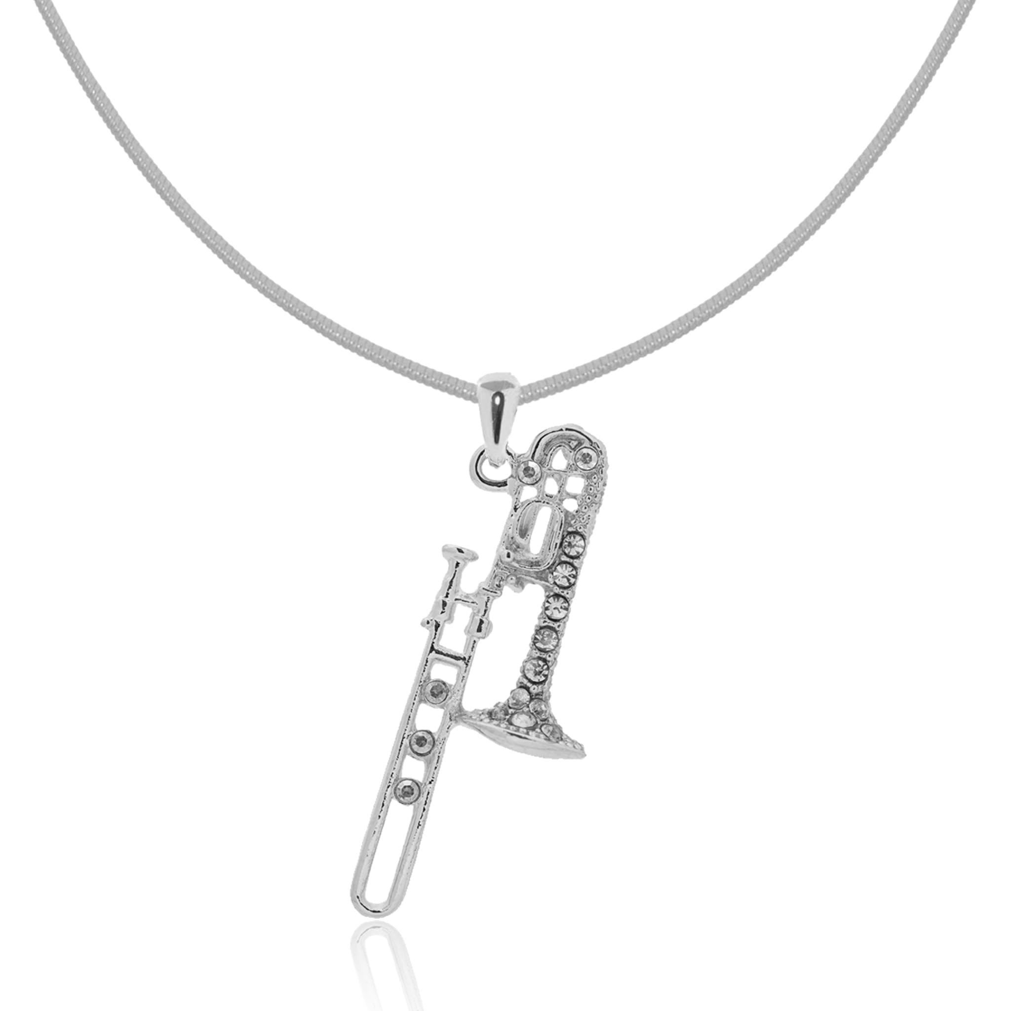 Spinningdaisy Trombone Necklace for Music Lovers, Rhinestone Instrument Pendant, 16” + 2” Extender Snake Chain