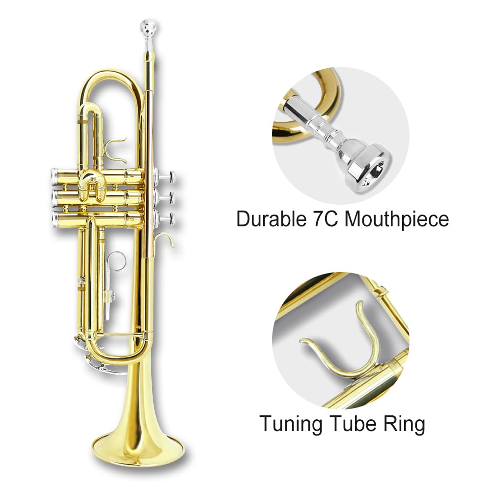 Yinfente Bb Standard Trumpet Set for Beginner or Advance Student, Brass Student Trumpet Instrument With Hard Case, 7C Mouthpiece, Cleaning Kit,White Gloves Glod