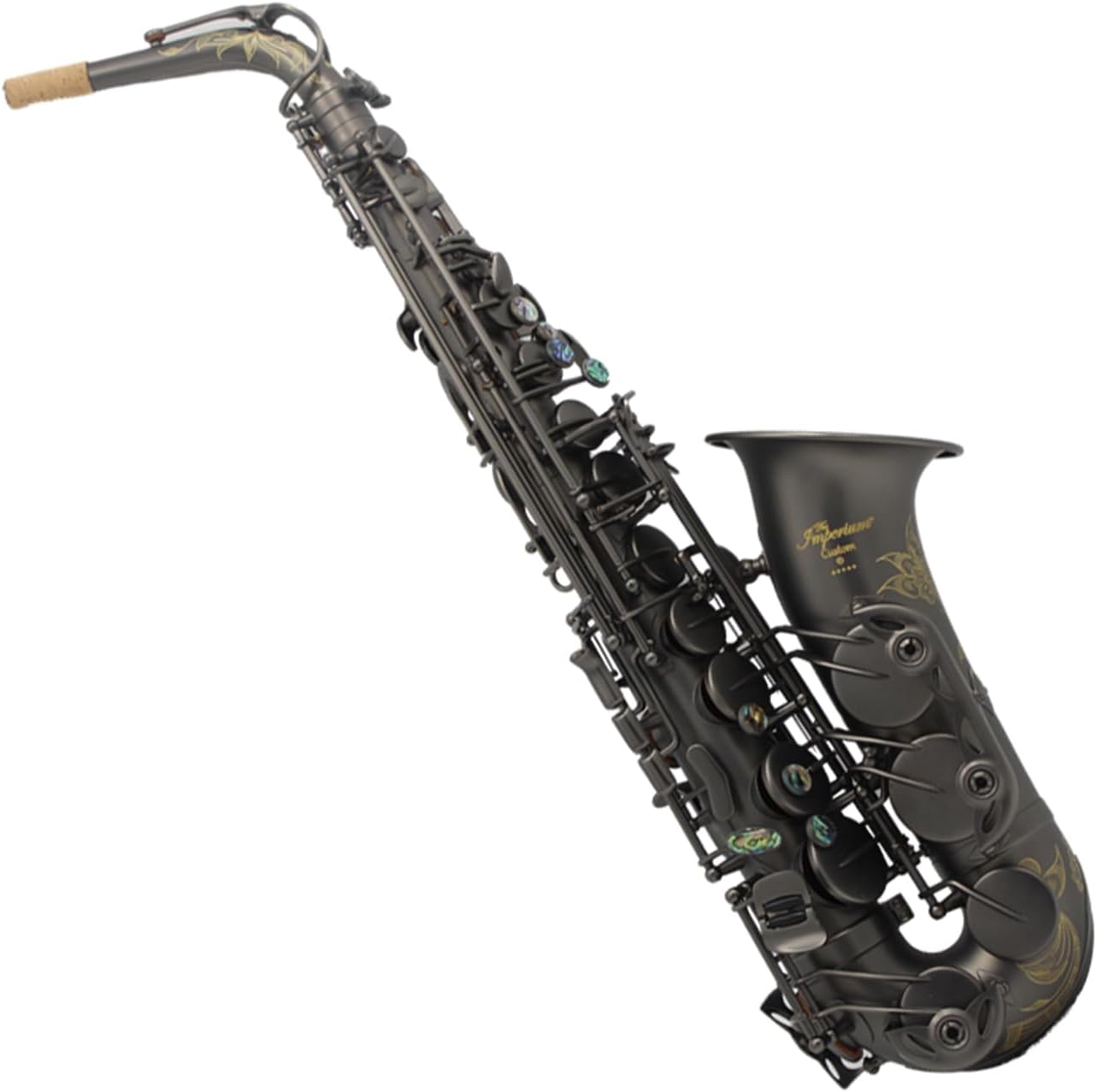 Eastern Music matt black alto saxopone with flower engravings.